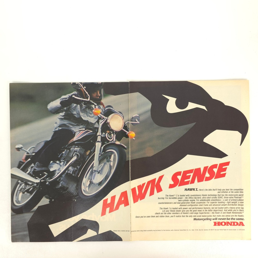 Vintage Honda Hawk Motorcycle Print Ad Sport Bike Street 1978 Collector Display